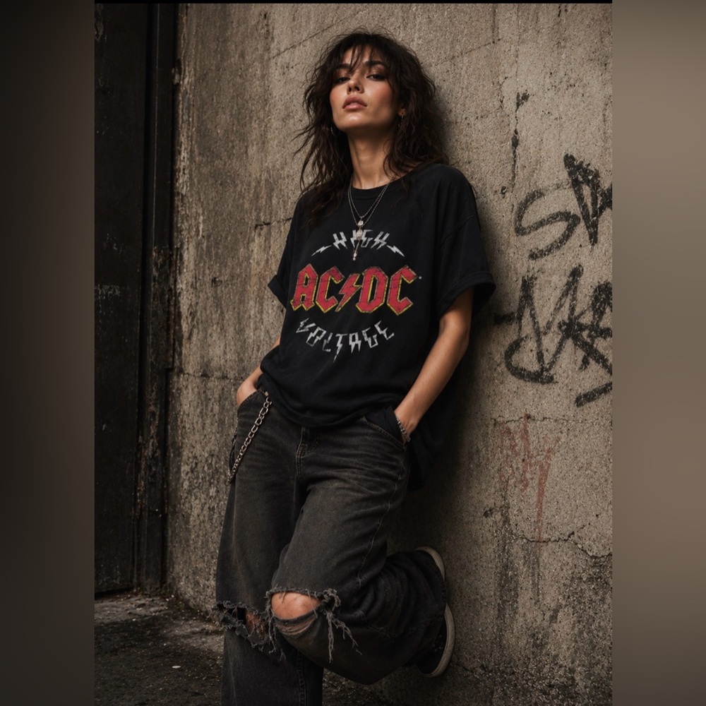 Zara AC/DC High Voltage Women's T Shirt - Size Small Black Grunge Graphic